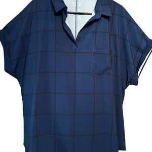 Woman’ No Collar V-Neck Short Sleeve Blouse - Dark Blue & Black checkered SZ XL